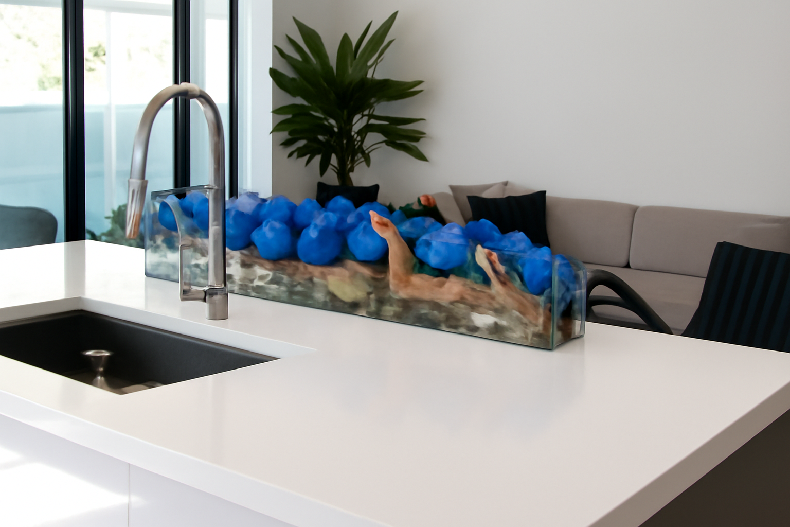 Cache-pot en verre plat 120 cm avec orchidées bleues