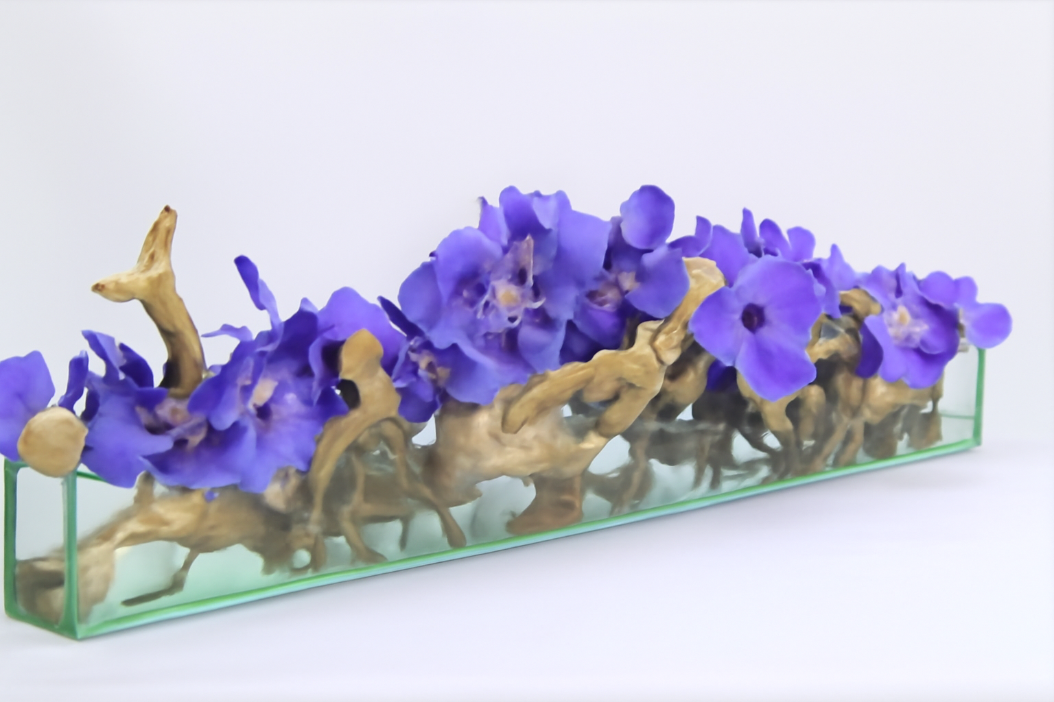 Cache-pot en verre plat 120 cm avec orchidées violettes