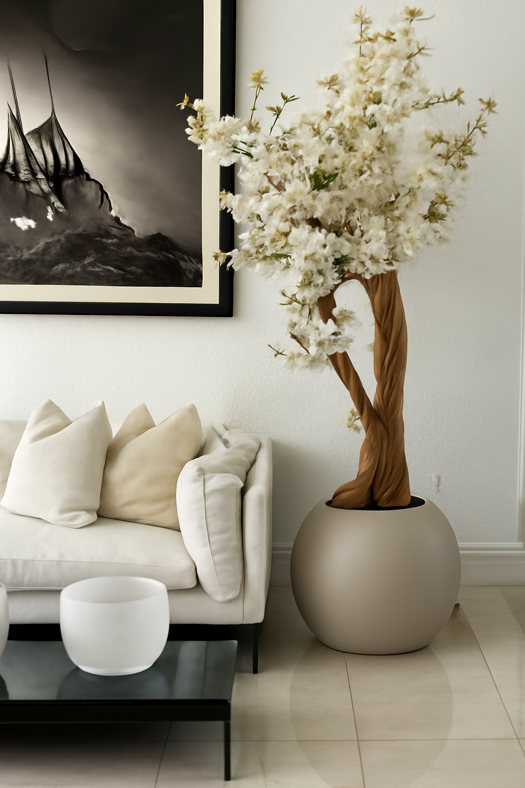 Globe beige mat avec cerisier en fleurs