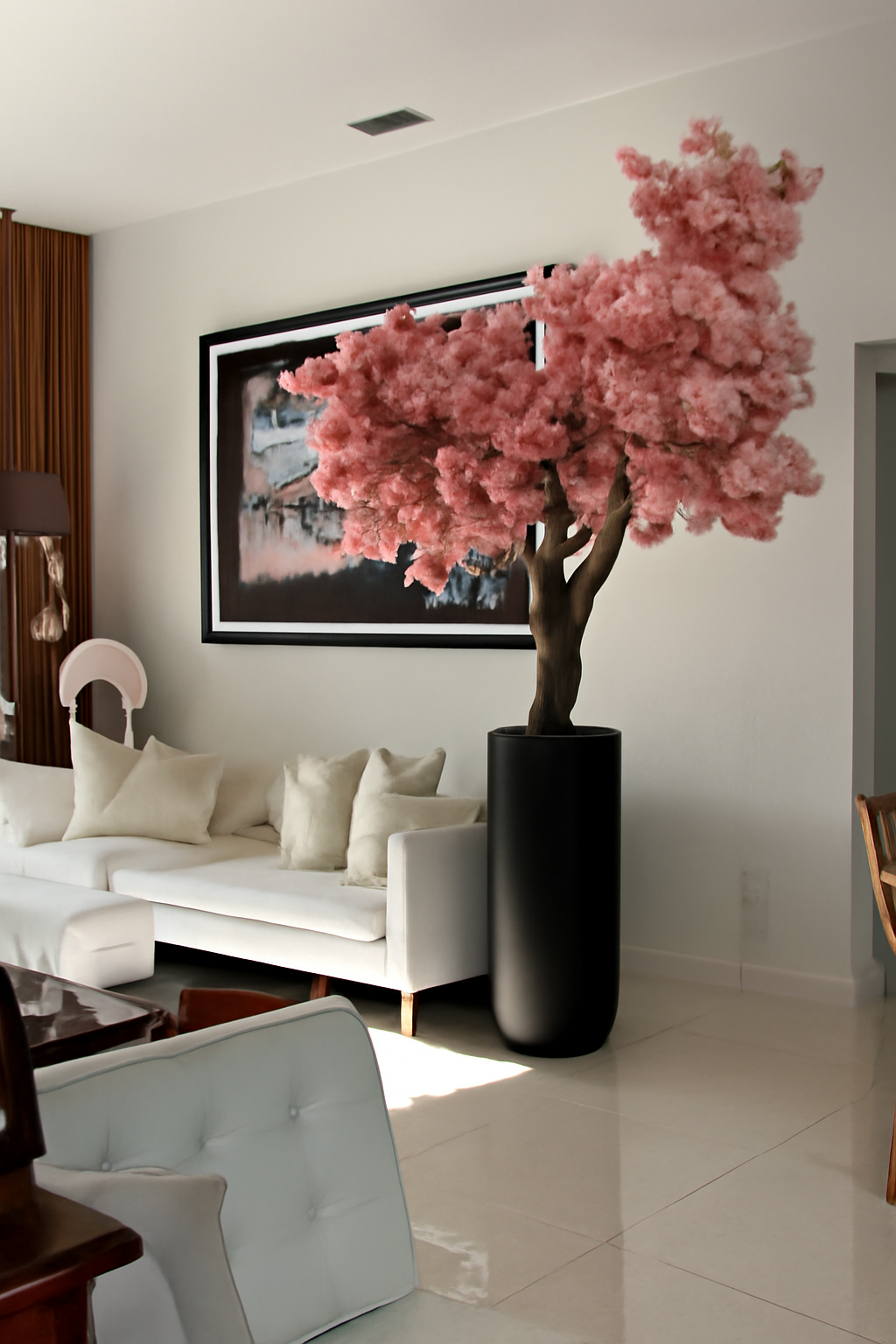 Cache-pot noir mat cerisier en fleurs rose