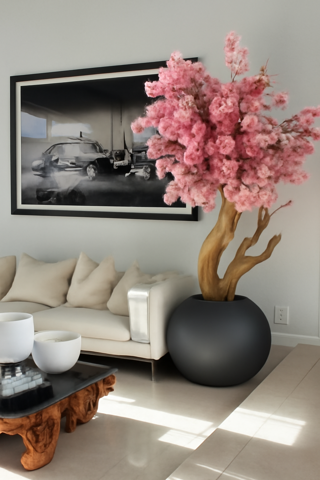 Globe gris métal mat avec cerisier en fleurs bicolores