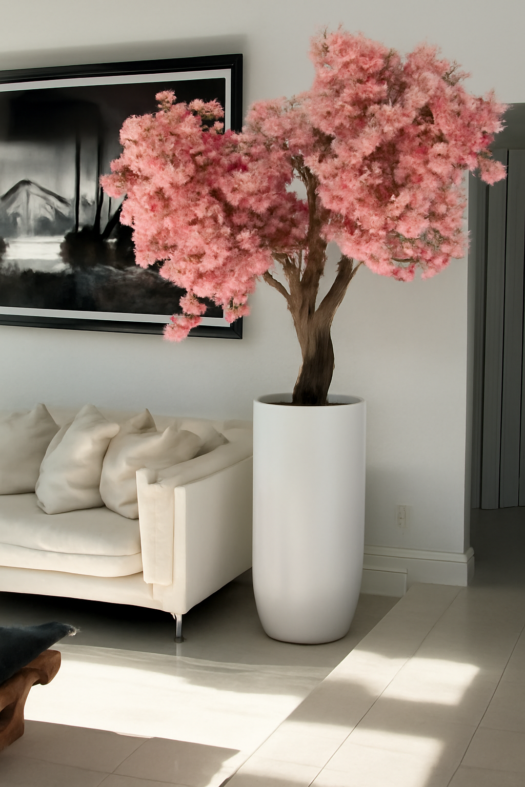 Cache-pot blanc mat cerisier en fleurs rose