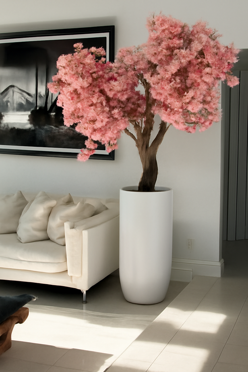 Cache-pot blanc mat cerisier en fleurs rose