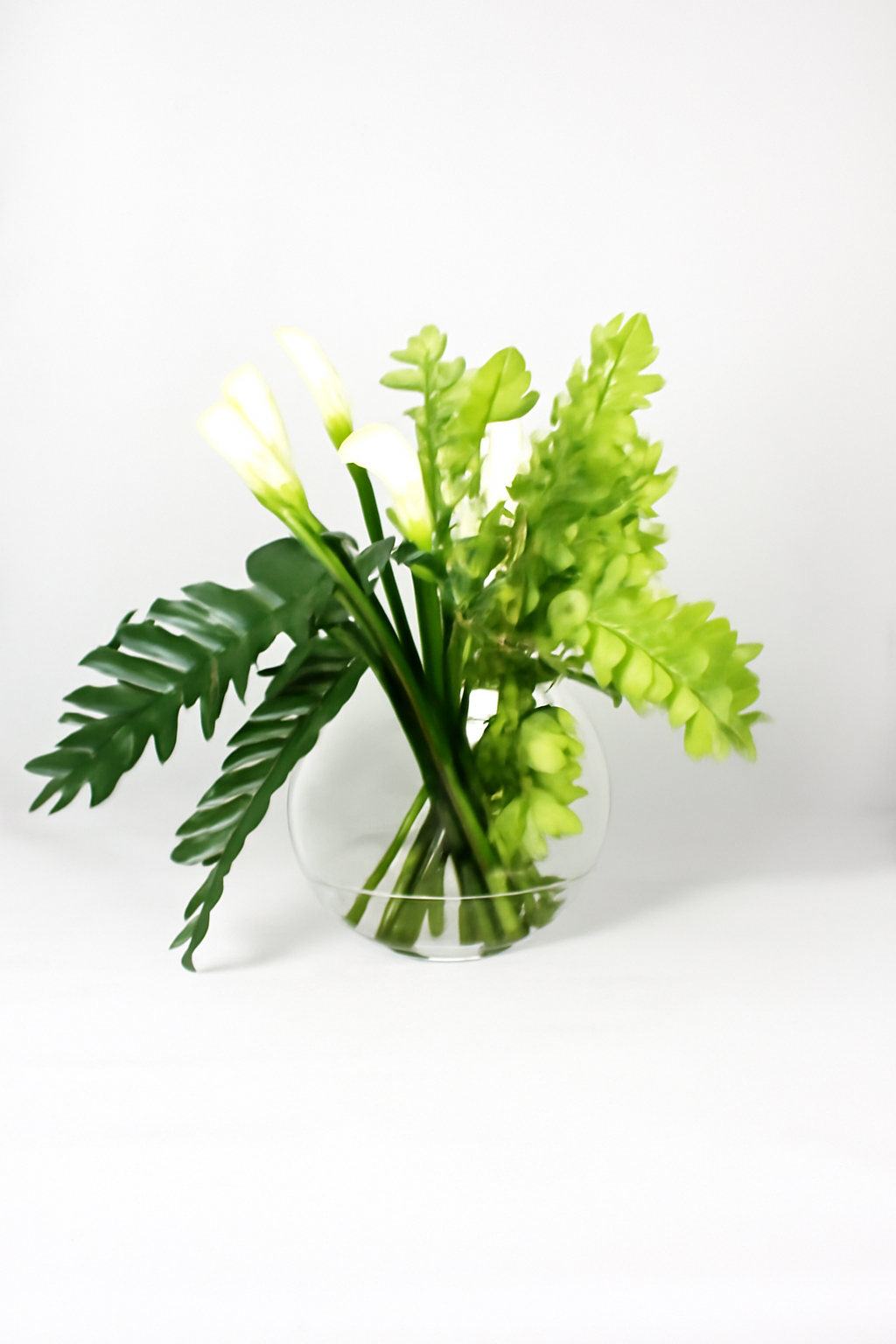 Vase lune avec cymbidiums verts et callas