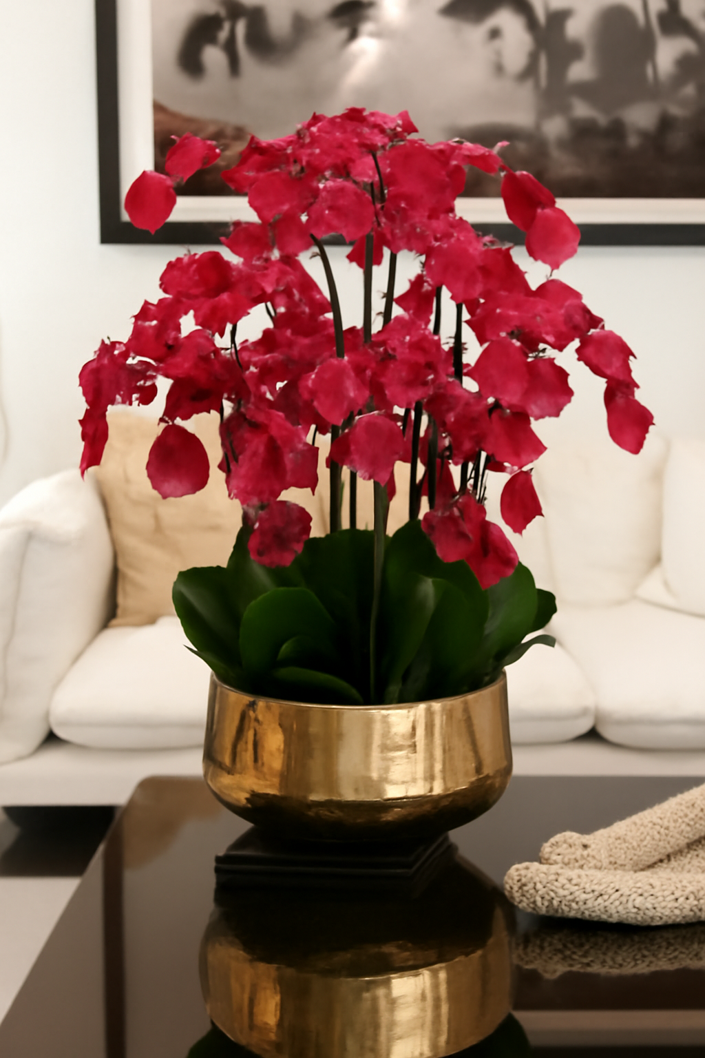 Composition florale orchidées rouges dans pot doré moyen