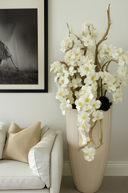 Cache-pot beige sable orchidées blanches retombantes