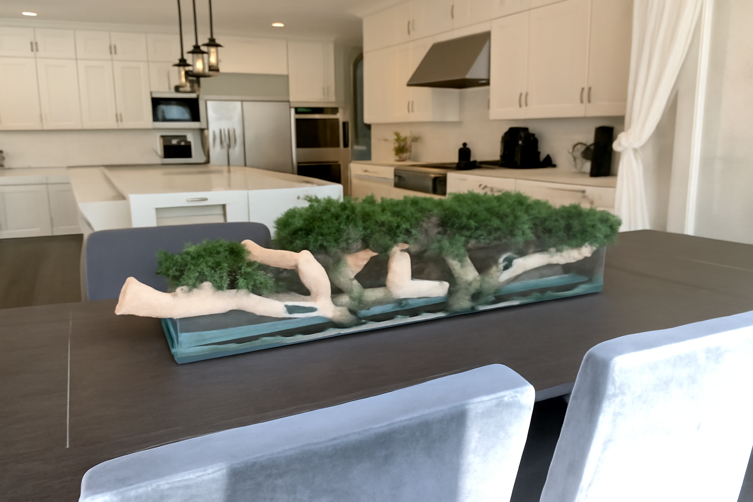 Objet décoratif en cèdre retombant sur pot en verre plat 48