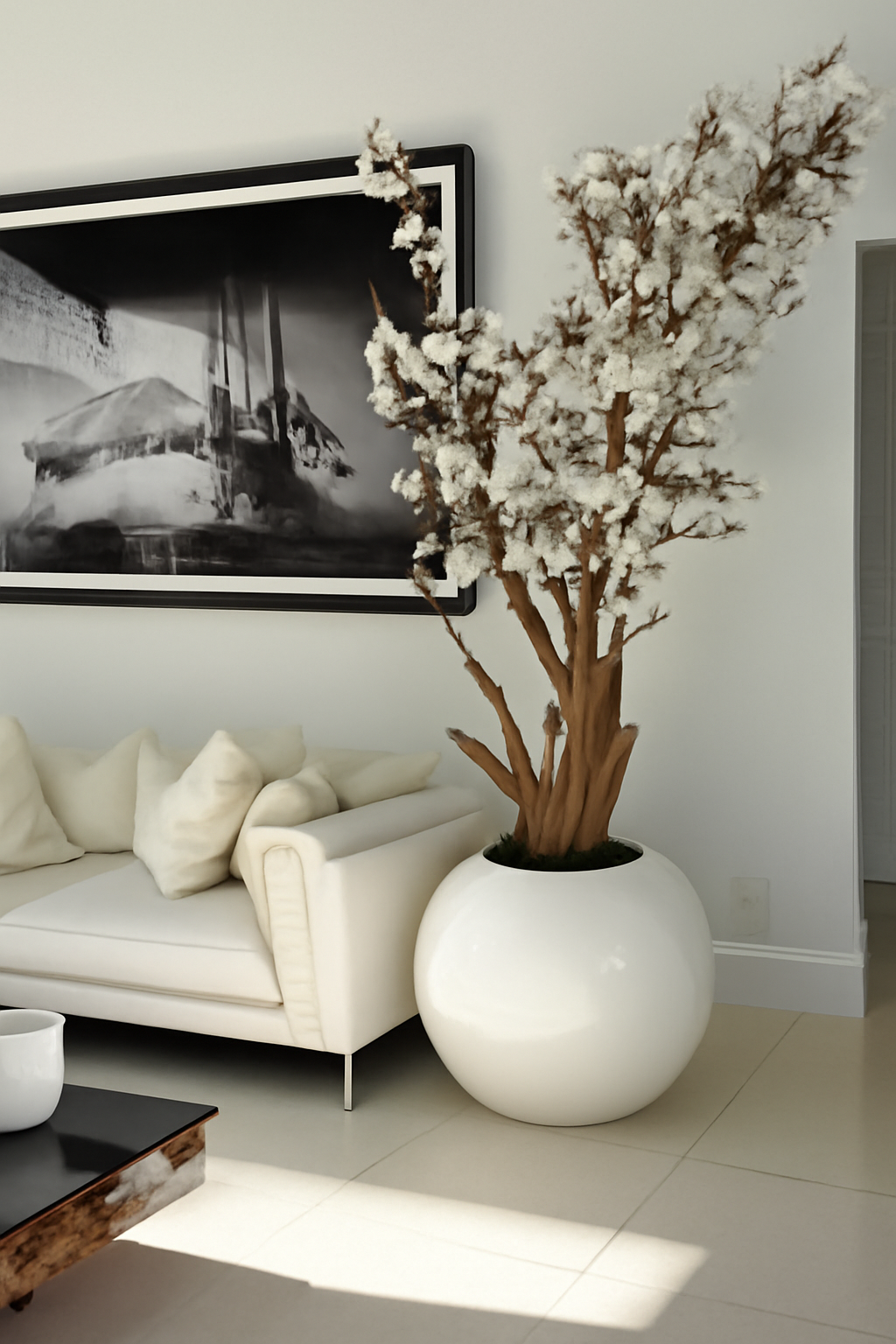 Magnolia blanc dans cache-pot globe 76 cm blanc